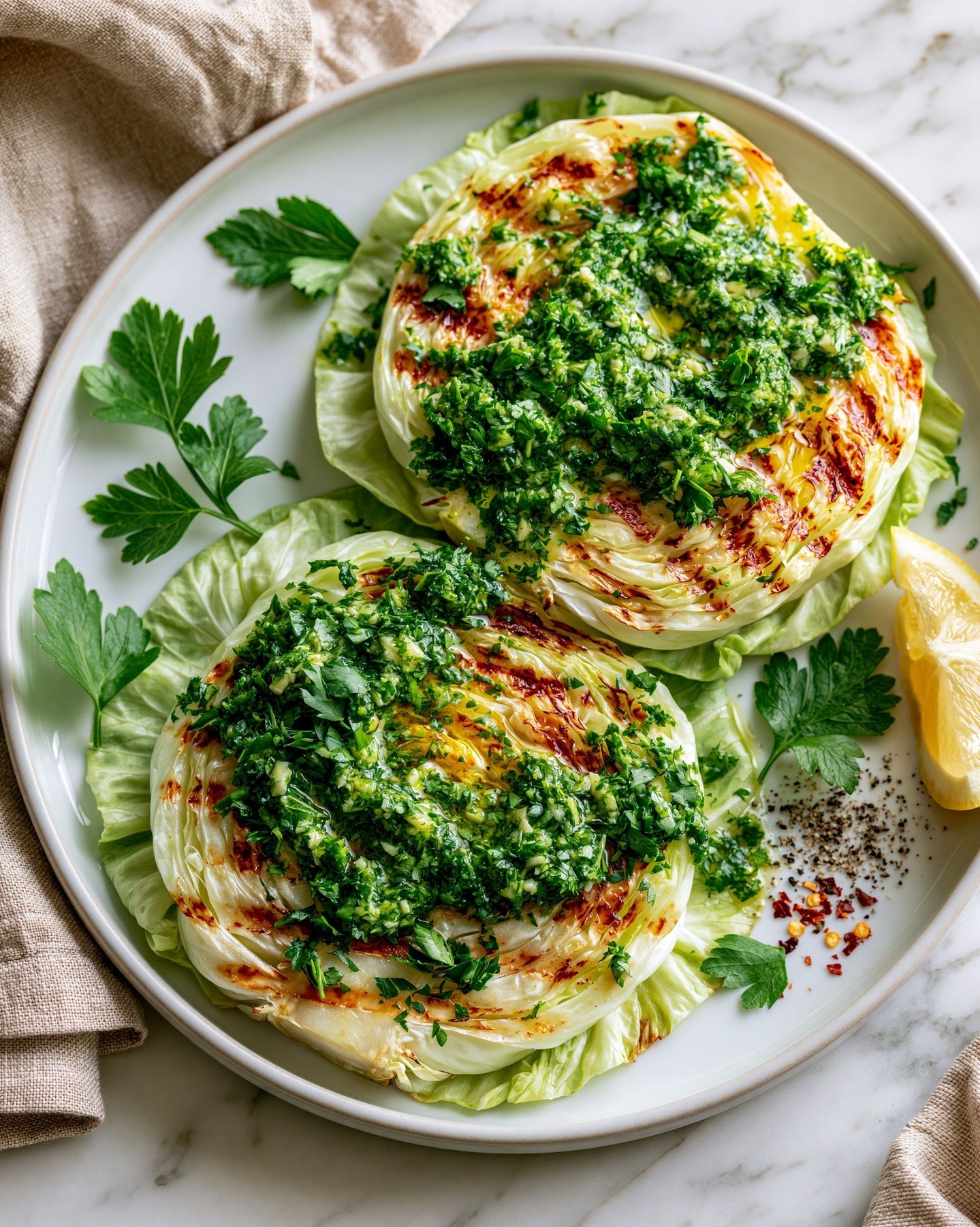 🥬🔥 Stek z młodej kapusty z sosem chimichurri ✨
Jeśli jeszcze nie próbowałaś/eś pieczonej lub grillowanej młodej kapusty, polecam spróbować.
Z zewnątrz jest przyjemnie przypieczona, w środku delikatna i soczysta, a aromatyczny sos chimichurri to solidna dawka witaminy C. Świetny dodatek do dań z grilla albo lekka kolacja, do której warto dodać białko, np. jaja sadzone lub cieciorkę. 🌿Składniki na 2 porcje:🥬 1/2 główki młodej białej kapusty (ok. 600 g)
🥬 1 łyżka oliwy z oliwek
🥬 1/2 łyżeczki wędzonej papryki
🥬 1/2 łyżeczki czosnku granulowanego
🥬 sól i świeżo mielony pieprz
🥬 szczypta chiliSos chimichurri:🥬 1 pęczek natki pietruszki (bez łodyg)
🥬 2-3 ząbki czosnku
🥬 1 łyżka oliwy z oliwek
🥬 2 łyżki soku z cytryny lub octu jabłkowego
🥬 1/2 łyżeczki suszonego oregano
🥬 szczypta płatków chili
🥬 sól do smaku1️⃣ Kapustę pokrój na dwa grube plastry o grubości około 2,5 cm. Głąb pozostaw, aby steki się nie rozpadły. Pozostałą kapustę wykorzystaj do surówki.
2️⃣ Posmaruj plastry oliwą z obu stron i oprósz wędzoną papryką, czosnkiem granulowanym, solą, pieprzem oraz chili.
3️⃣ Grilluj na dobrze rozgrzanej patelni grillowej lub grillu po około 4–5 minut z każdej strony, aż kapusta będzie rumiana.
4️⃣ W międzyczasie drobno posiekaj natkę pietruszki i czosnek. Dodaj oliwę, sok z cytryny, ocet jabłkowy, oregano, płatki chili oraz sól i dokładnie zblenduj lub wymieszaj.
5️⃣ Gorące steki przełóż na talerze i polej sosem chimichurri. Podawaj z cząstką cytryny.#szybkaprzemiana #redukcja #grill #dietai #letnieprzepisy
