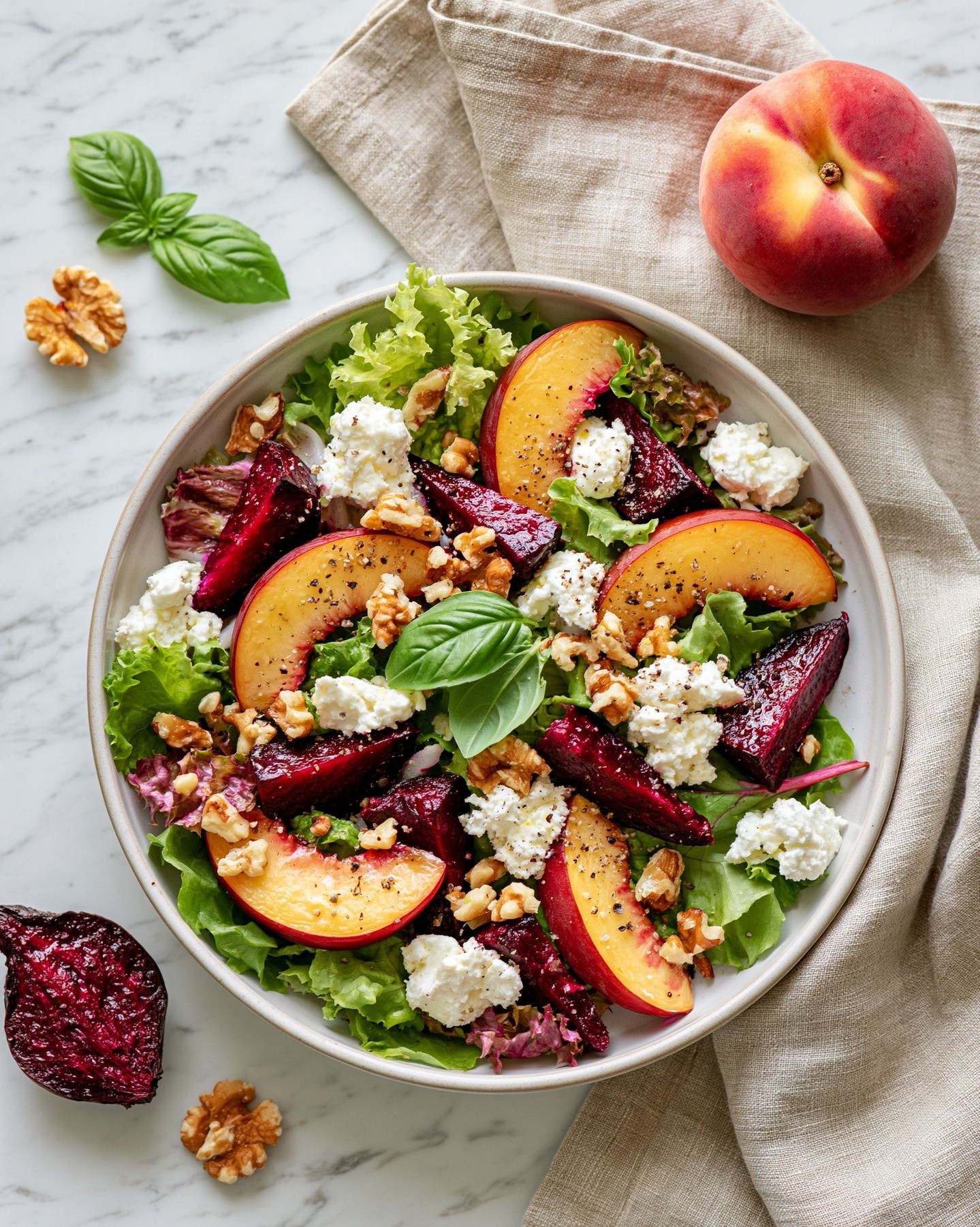 🍑🥗 Sałatka z burakiem, brzoskwinią i fetą ✨
Buraki i brzoskwinia - nie jest to częste połączenie, więc tym bardziej polecam spróbować. Feta zapewnia słony akcent i trochę białka, a orzechy - zdrowe tłuszcze i chrupkość. Ta kolorowa sałatka pięknie wygląda na stole i równie dobrze smakuje. 🌿Składniki na 2 porcje:🍑 2 duże lub średnie ugotowane buraki (pakowane próżniowo lub ugotowane samodzielnie, mogą też być pieczone)
🍑 2 dojrzałe brzoskwinie
🍑 100 g sera feta
🍑 3 duże garście miksu sałat
🍑 2 łyżki posiekanych orzechów włoskichSos:
2 łyżki oliwy z oliwek, 1 łyżka soku z cytryny, sól i świeżo mielony pieprz1️⃣ Buraki pokrój w większą kostkę lub cząstki.
2️⃣ Brzoskwinie umyj i pokrój w ósemki.
3️⃣ Na talerzach lub w dużej misce ułóż miks sałat.
4️⃣ Dodaj buraki i brzoskwinie, a następnie pokruszoną fetę.
5️⃣ Posyp całość posiekanymi orzechami włoskimi.
6️⃣ Składniki sosu dokładnie wymieszaj i polej nim sałatkę.#szybkaprzemiana #salatka #dieta #brzoskwinie #zdroweprzepisy