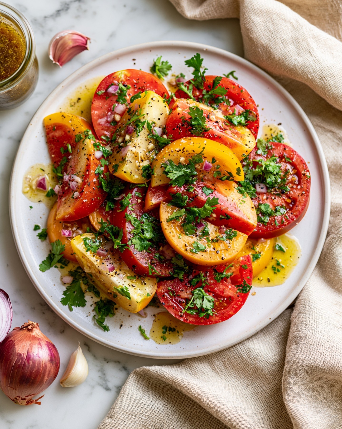 🍅🌿 Pomidory z kolendrą i sosem winegret ✨Właśnie teraz pomidory smakują najlepiej - trzeba korzystać!
Proponuję pomysł na prostą, choć dość oryginalną sałatkę (surówkę?), dzięki której wykorzystamy wszystkie odmiany pomidorów, jakie mamy pod ręką ☀️Składniki na 4 porcje:🍅 2 łyżki oliwy z oliwek
🍅 1/4 szklanki drobno posiekanej czerwonej cebuli
🍅 1 duży ząbek czosnku, drobno posiekany
🍅 2 łyżki octu winnego czerwonego (może być też balasamiczny)
🍅 1 łyżeczka mielonej kolendry
🍅 szczypta pieprzu cayenne
🍅 1 kg dojrzałych pomidorów, najlepiej różnych odmian i kolorów
🍅 sól morska
🍅 1 szklanka grubo posiekanych liści kolendry1️⃣ Oliwę, cebulę, czosnek, ocet winny, mieloną kolendrę i pieprz cayenne przełóż do słoiczka. Zakręć i energicznie postrząśnij, aż powstanie sos winegret.
2️⃣ Pomidory pokrój w grube plastry i ułóż na dużym talerzu lub półmisku.
3️⃣ Tuż przed podaniem polej pomidory przygotowanym winegretem.
4️⃣ Lekko oprósz solą i posyp świeżą kolendrą.3. faza DPM, a bez oliwy pasuje też do fazy 1.
.
.
.
#szybkaprzemiana #pomidory #sałatka # #przepisy