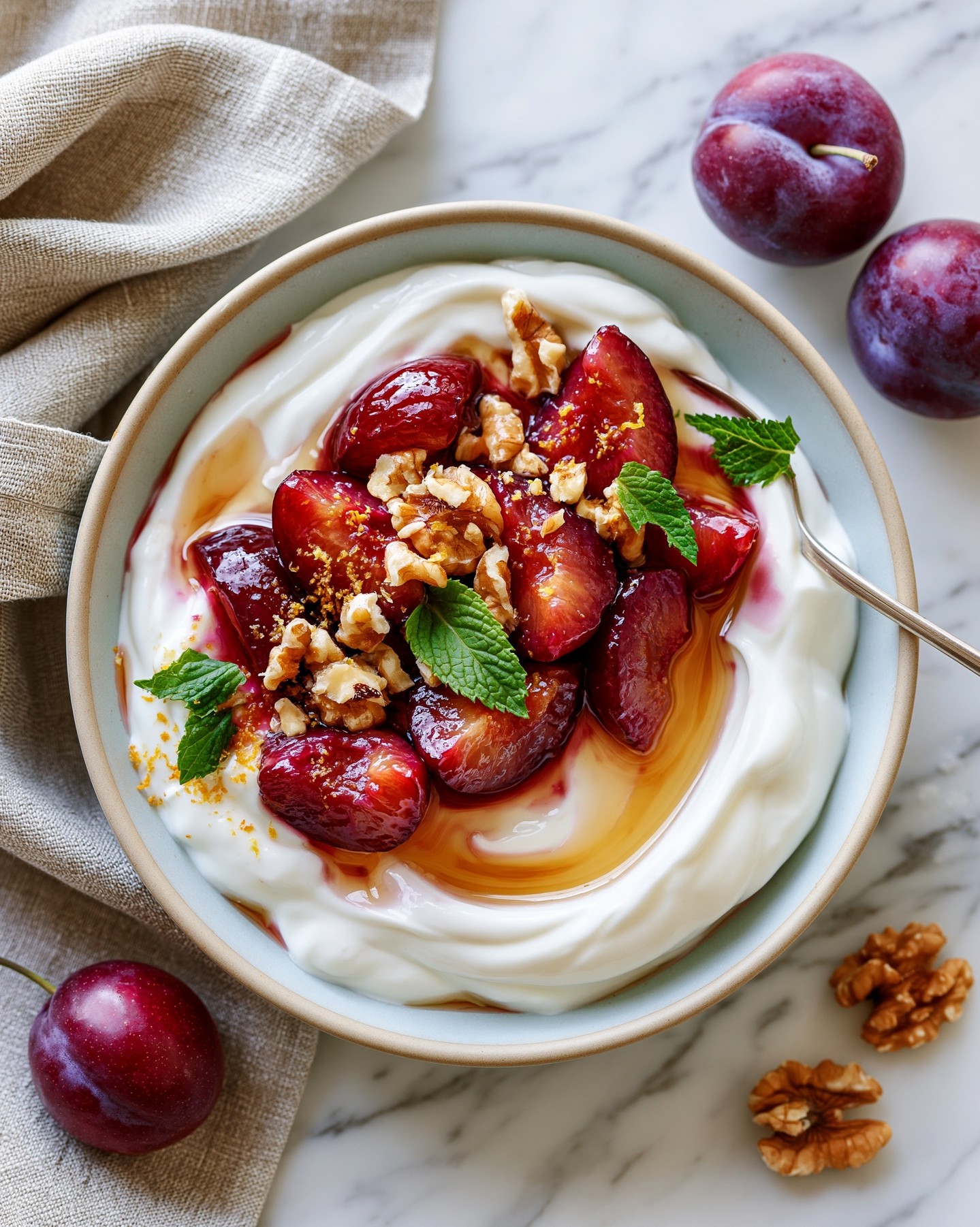 💜 Skyr z pieczonymi śliwkami i kardamonem
Mamy teraz sezon na śliwki, a że skyr ma wyjątkowo dużo białka - razem mogą stworzyć sycące jesienne śniadanie lub nawet deser. Dodatek kardamonu, cynamonu i orzechów podkręca smak i jesienny klimat dania.
🍂Składniki na 1 porcję:🍃 200 g skyru naturalnego
🍃 4 śliwki węgierki
🍃 1/2 łyżeczki mielonego kardamonu
🍃 szczypta cynamonu
🍃 10 g orzechów włoskich (2 sztuki)
🍃 skórka świeżo starta z pomarańczy (można pomiąć)
🍃 kilka listków mięty
🍃 1 łyżka wodySposób przygotowania:1️⃣ Śliwki pokrój na ćwiartki. Przełóż na suchą patelnię non-stick lub do rondelka, dodaj 1 łyżkę wody, kardamon i cynamon. Duś pod przykryciem przez około 4 minuty, aż śliwki zmiękną i puszczą sok.
2️⃣ Orzechy włoskie posiekaj grubo.
3️⃣ Skyr przełóż do miski, a na wierzchu ułóż gorące śliwki razem z powstałym sosem.
4️⃣ Posyp orzechami, skórką pomarańczową i udekoruj listkami mięty.#szybkaprzemiana #śliwki #skyr #menopauza #zdroweprzepisy